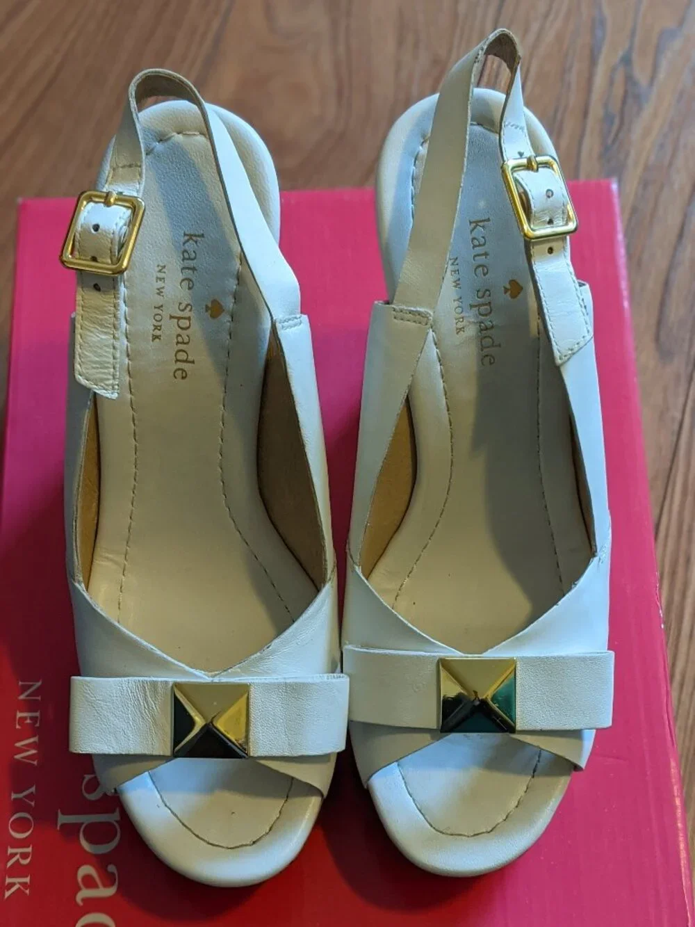 Kate Spade Diana White Nappa Leather Slingback Bow Wedge Heels Size 7 M